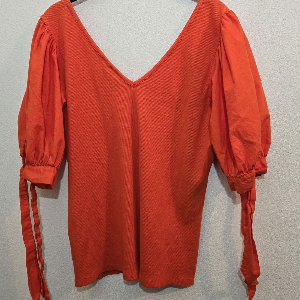 Maeve Bright Orange Puff-Sleeve V-Neck Top - Picture 7 of 13